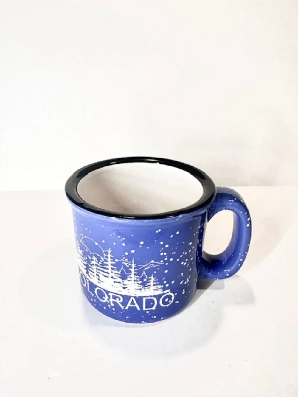 Ceramic Colorado Souvenir Coffee Mug Speckled Pine Trees Mountain Blue & White